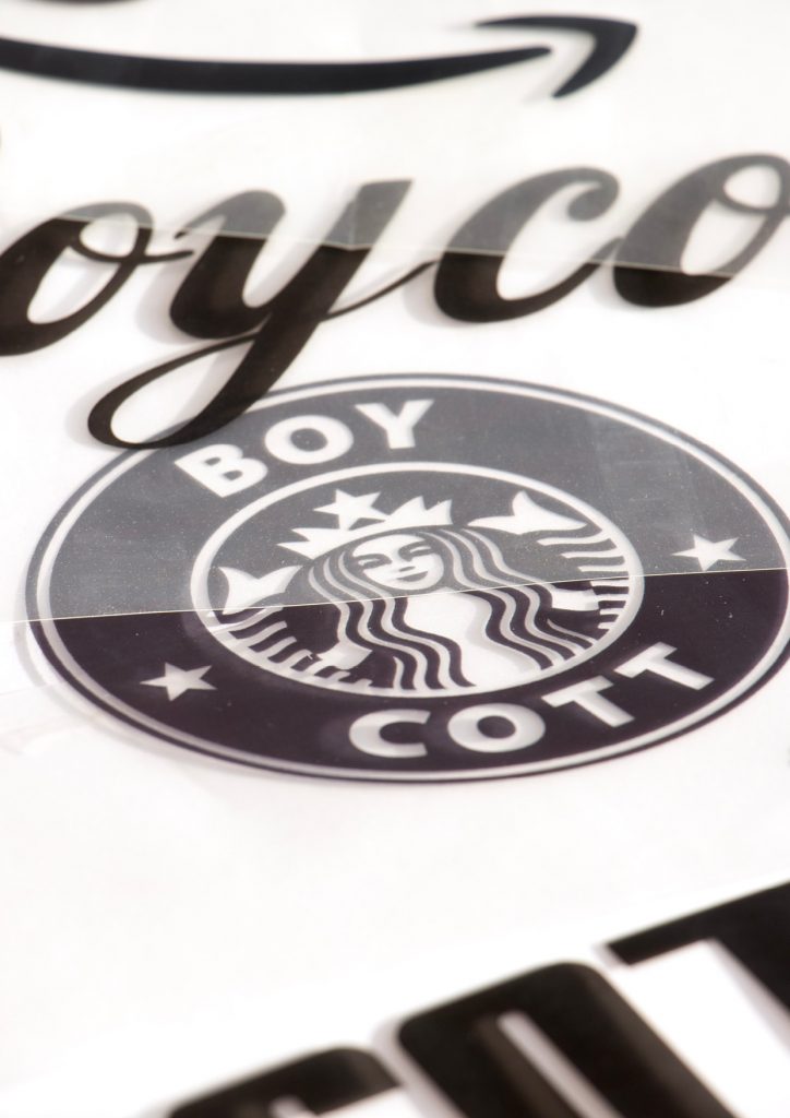 The idea behind this series was to take the branding strategy of clothing companies—where their own logo becomes a core part of their product identity—and subvert it by altering the logos in a way that undermines this very approach. I started by taking logos from fast fashion brands and modifying them to read „Boycott“. From there, I expanded the concept to include corporations I considered worthy of boycotting.