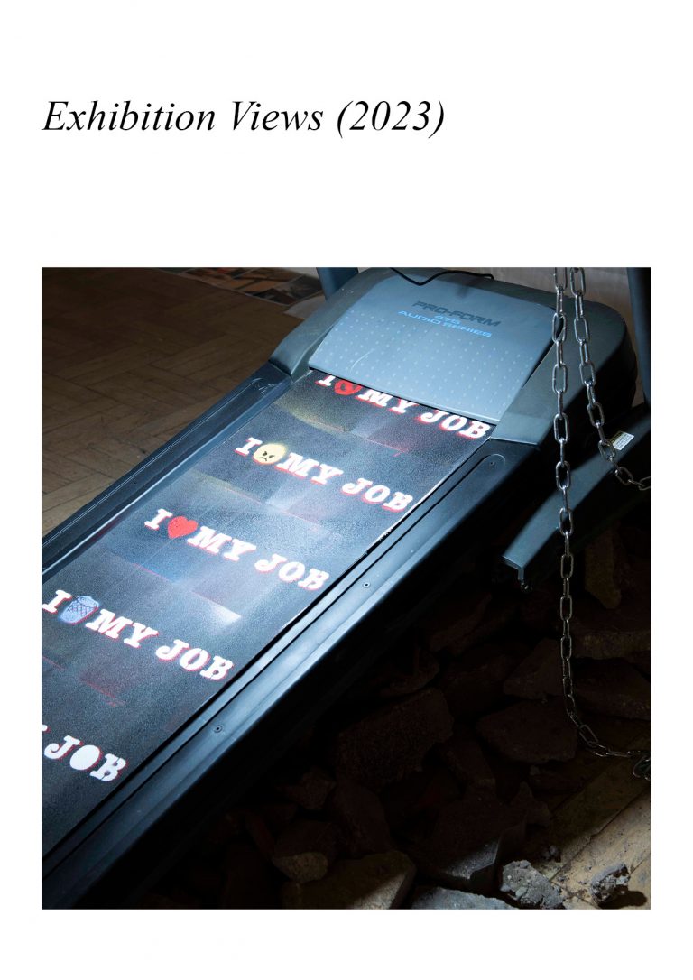 A stack of pizza boxes, equivalent in value to a professor‘s salary: hollow inside – displaying images of insects that perished in candles and tealights after a party. Kindergarten group photos, distorted beyond recognition through repetitive aging filters applied by AI, contrasted with medium-format photographs of workspaces from a first-person perspective. A treadmill running at full speed, showing an animation created with stencil graffiti and flashlight. These and similar works formed the stations of this spatial installation, which represented a cross section through this first draft of the work, which I showed in february 2024 as my diploma / graduate show.