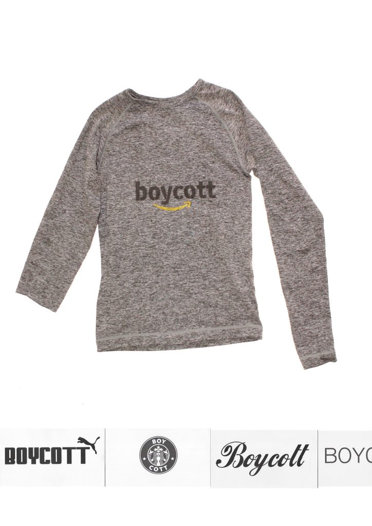 When deciding what kind of clothing to use for this anti-merchandise series, the first iteration was made using second-hand clothes from the giveaway corner at our art academy. For the second iteration, I took the idea a step further: I shoplifted the garments from the very stores whose logos I had altered and printed onto them. In this version, I also left small installations in the fitting rooms—featuring discarded security tags, statements drawn from the fashion industry’s profit-driven “philosophy,” and images depicting the conditions under which these clothes were produced.