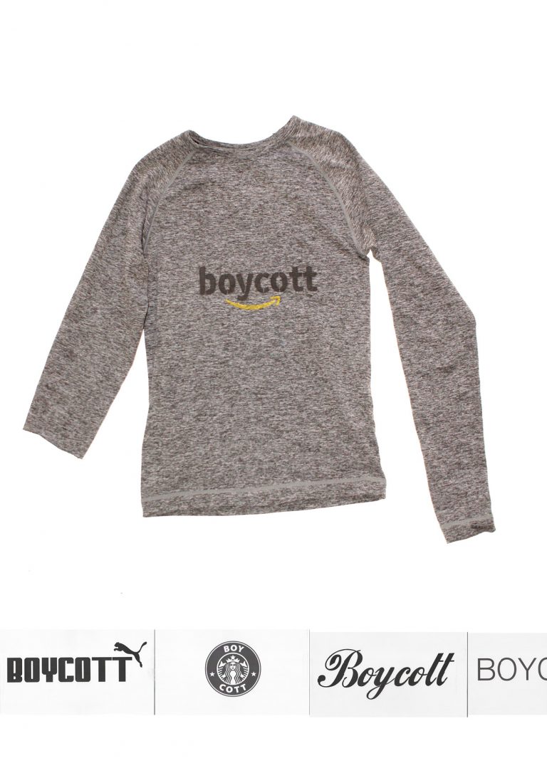 When deciding what kind of clothing to use for this anti-merchandise series, the first iteration was made using second-hand clothes from the giveaway corner at our art academy. For the second iteration, I took the idea a step further: I shoplifted the garments from the very stores whose logos I had altered and printed onto them. In this version, I also left small installations in the fitting rooms—featuring discarded security tags, statements drawn from the fashion industry’s profit-driven “philosophy,” and images depicting the conditions under which these clothes were produced.